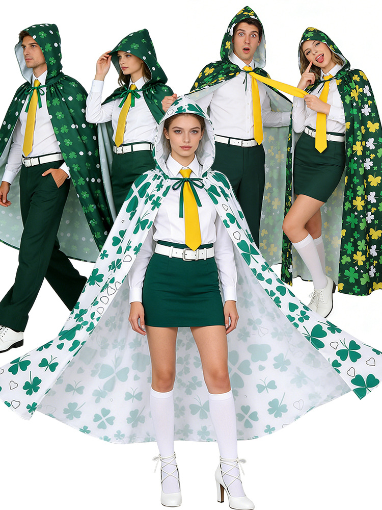 2026 New Arrival Unisex St. Patricks Day Hooded Cloak Shamrock Print Long Cape